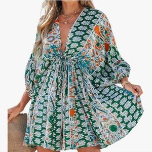 Cupshe Boho Mini Dress Sz XL NWT Green Floral V-Neck Swing Beach Resort Vacation